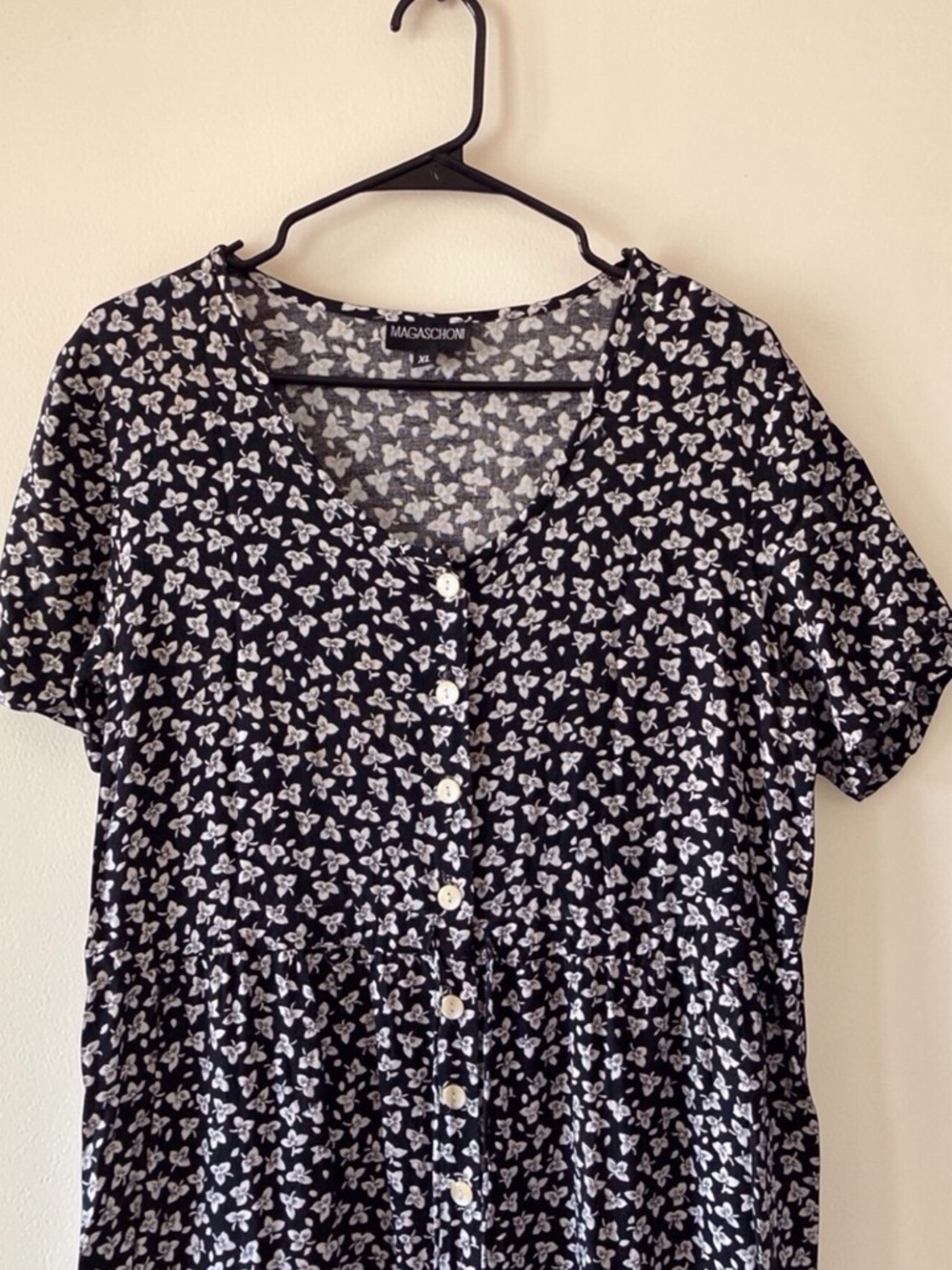 Magaschoni Black White Ditsy Floral Button Front Midi Dress Short Sleeve XL - Picture 8 of 13